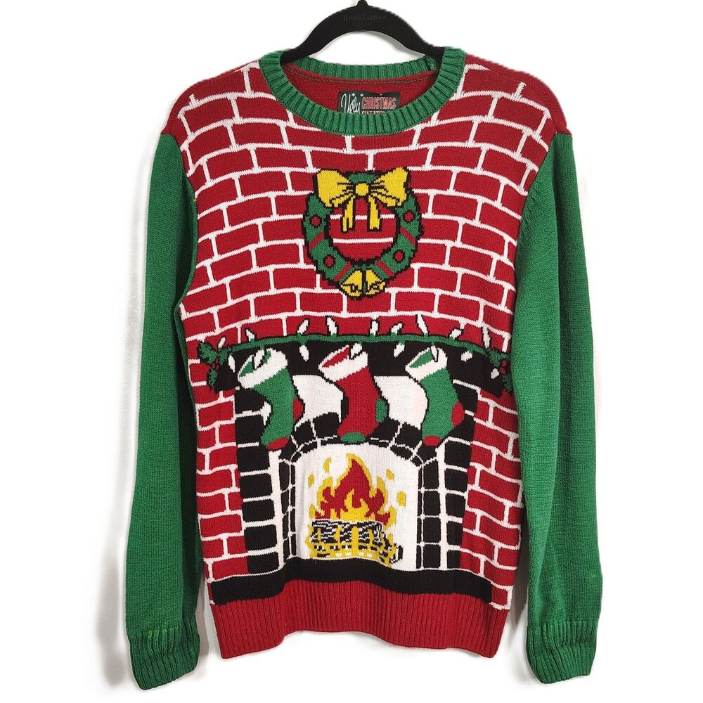 UGLY CHRISTMAS SWEATER Fireplace Scene SMALL Women's Red Green Holiday Crew Neck